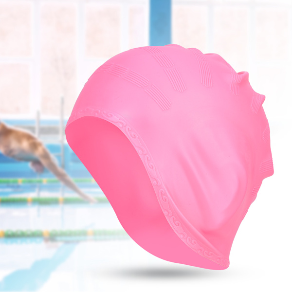 Badehætte til langt hår, ørebeskyttelse, strækbart silikone, pink