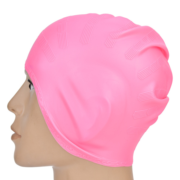 Badehætte til langt hår, ørebeskyttelse, strækbart silikone, pink