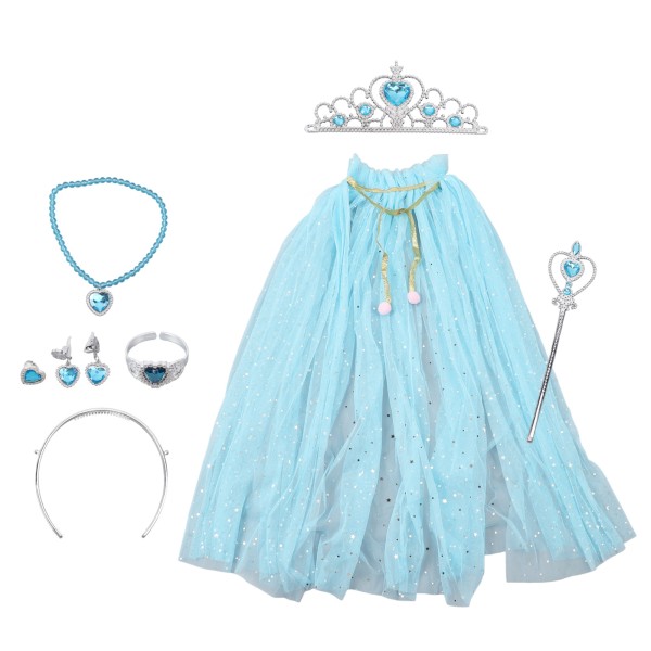 Princess Tylle Kappa med Krona Halsband Armband Wand Princess Dress Up Kläder för små flickor Småbarn Blå
