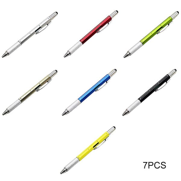 6 i 1 Multifunktionel Stylus Pen med Sort/Blå Refill Værktøj Tech Kuglepen med Klips Glat Silver Blue Refill