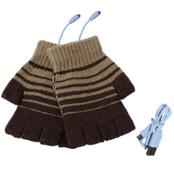 USB-oppvarmede strikkehansker, halvfinger, varmer hender for voksne, dataspill Camel Brown