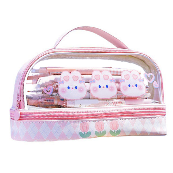 Vanntett Blyantpennveske Tegneserie Søt Transparent Kontorveske med Glidelås for Skoleelever Sminke Reise - Rosa Kanin