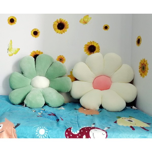 2kpl Kukkatyyny - Vihreä-valkoinen Daisy-kukan muotoiset heittotyynyt, söpö kukkapehmoinen lattiatyynytyyny makuuhuoneen sohvan tuolin sisustukseen (15,35 tuumaa)