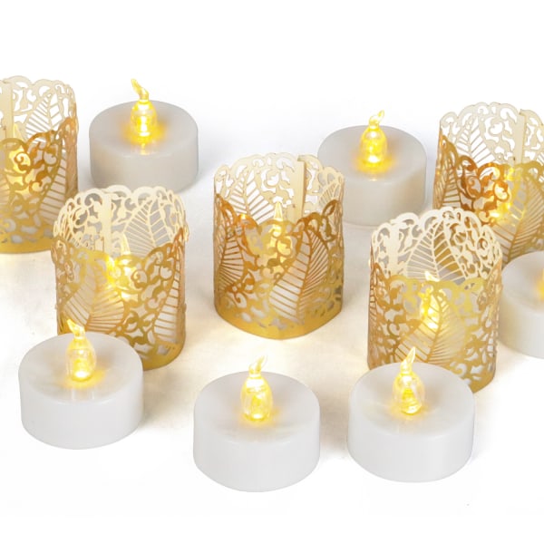 12 pakke flammeløse LED stearinlys, 12 gratis stykker hult mønsterpapir - varm gul - batteridrevet - langtidsholdbar - til bryllup, ferie, fest, H