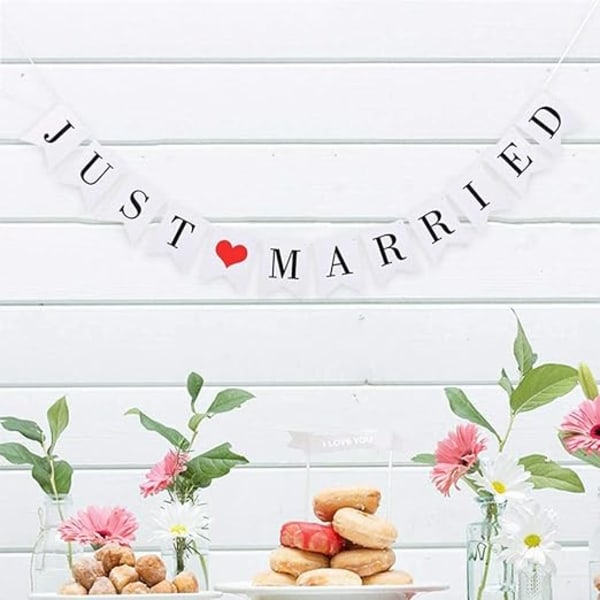 "Just Married" bröllopsbanner att dra, bröllopsdekoration, retro och rustik, bröllopsbankettdekoration eller bröllopsfotobås