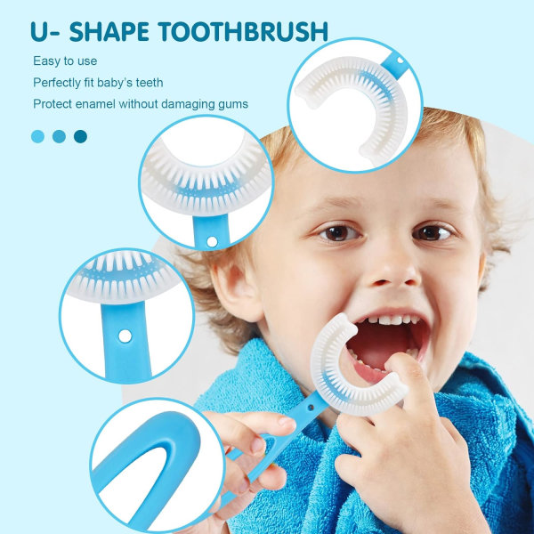 4 stycken barntandborste U-formad, livsmedelsklassad mjuk silikontandborsthuvud 360° munvård, tandborstar för åldrarna 2-12 (blå)