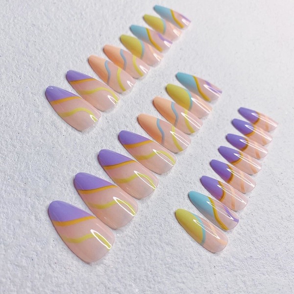 24 st (Colorful Swirl) Press on Nails Medium, Fake Nails Mandellim på naglar, lösnaglar med lim, Akrylnaglar för kvinnor och flickor