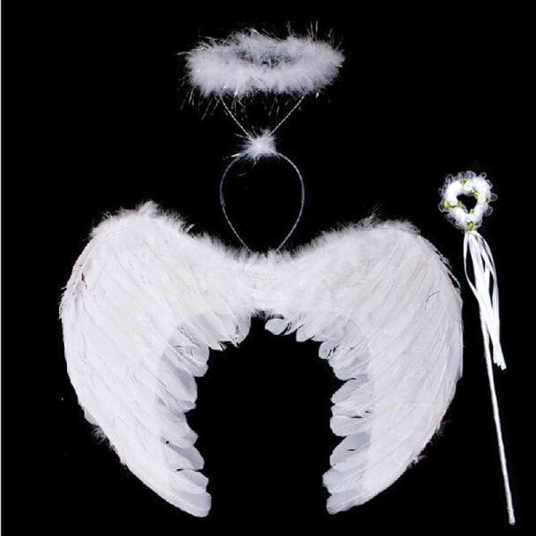 White Angel Style Costume Angel Wings med Aura og Wand Med