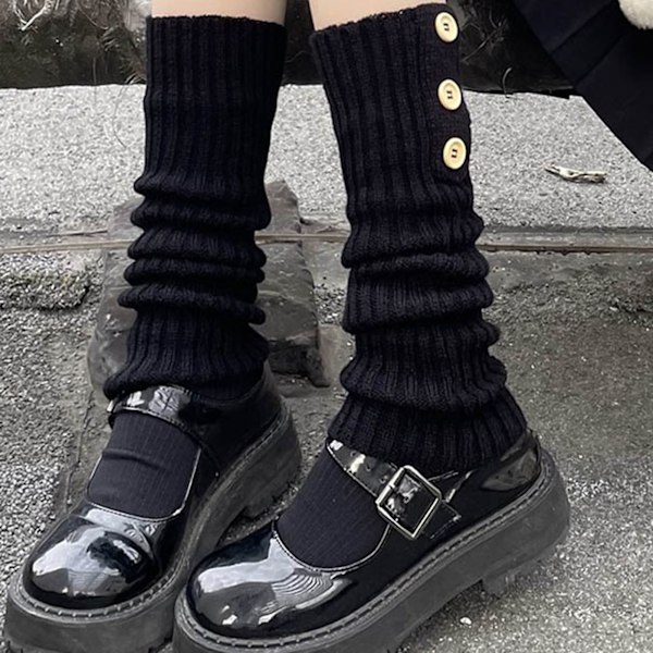 Damstrumpor i Stickad Retro Elegant Mjuk Varm Lös Slouch Strumpor med Knapp för Dejting Fest Svart