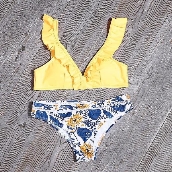 Kvindebikini-dragt med print og flæser i polyester til sommerstrand Yellow S