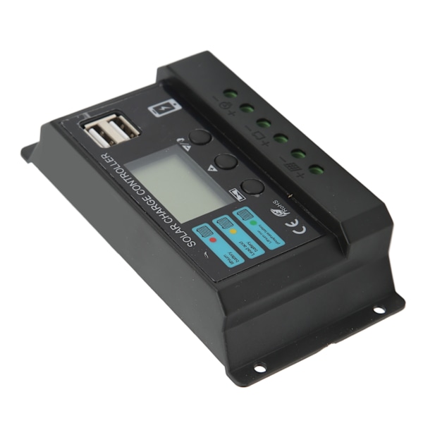 LCD Solpanel Opladningsregulator, 10A Fotovoltaisk Regulator til 12V/24V Systemer, Automatisk Justering, Sort Design