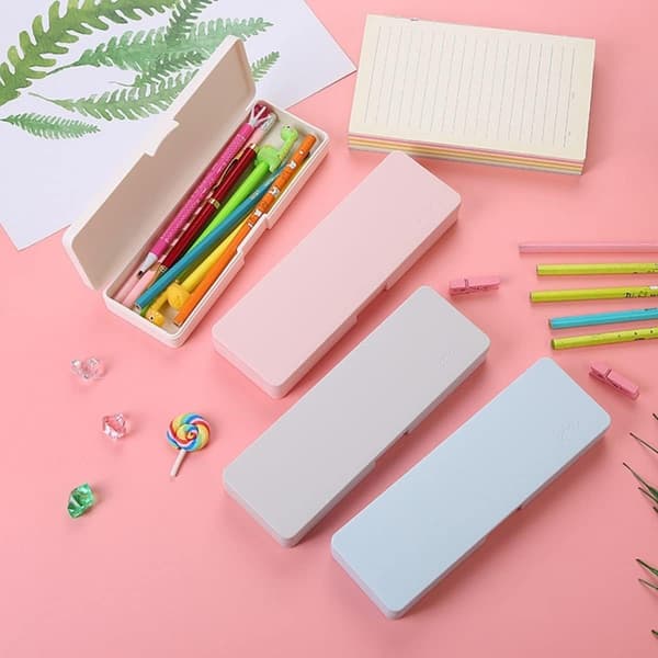 [02]Pencil Case Plastic Pencil Box - 4 Pack Hard Pencil Case Crayon Box with Snap Lid Plastic Pencil Box Stackable Desi