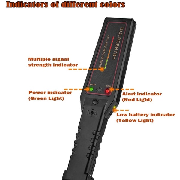 Håndholdt metaldetektor, højfølsom bærbar metaldetektor med signalstyrkeindikator, lav følsomhedskontakt, til sikkerhedsinspektion, Met
