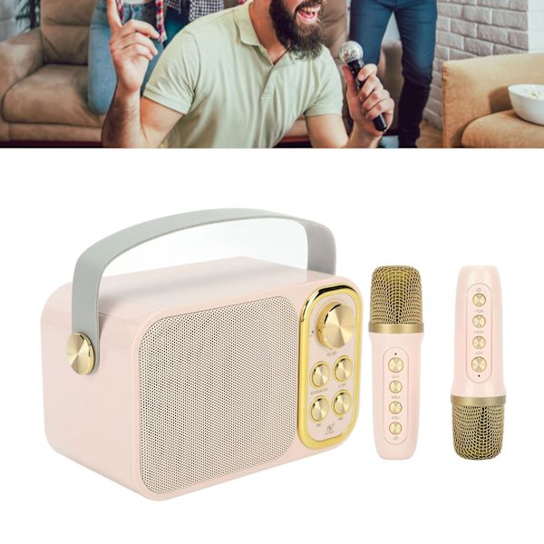 Karaokemaskin med 2 mikrofoner Allt-i-ett-maskin Bärbar Bluetooth Sångmaskin för Hemfest Rosa