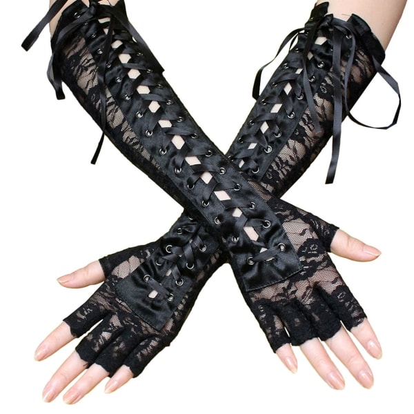 1 par halvfinger lange handsker Elegante sorte bolde blondehandsker til bryllup Rollespil Festaktiviteter Sort Gratis str.