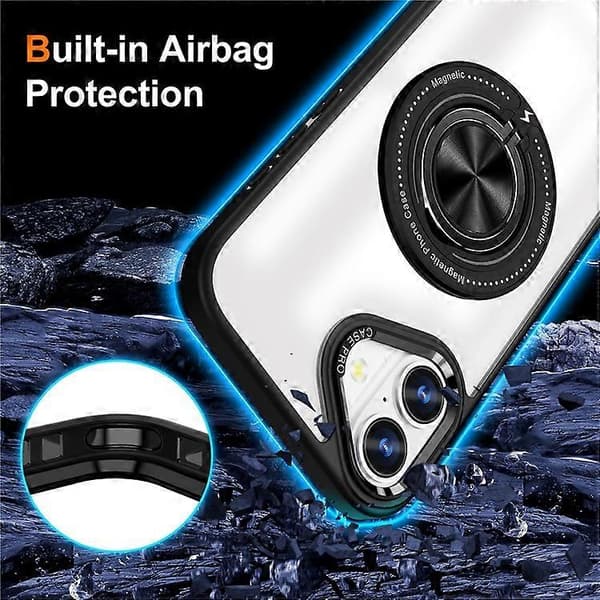 Compatible with iPhone 16 Case Magnetic Ring Holder Support PC+TPU Phone Cover Black