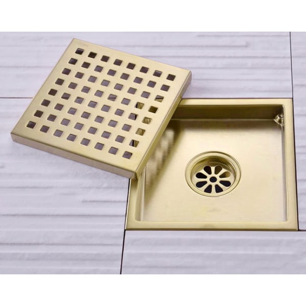 Bruseafløb Guld Rustfrit Stål Kvadratisk 15x15cm Bruseafløb Gulvafløb Gulvafløb med Gulvafløbsdæksel, Messing Deodoriserende Kerne, Børstet Guld [Ene