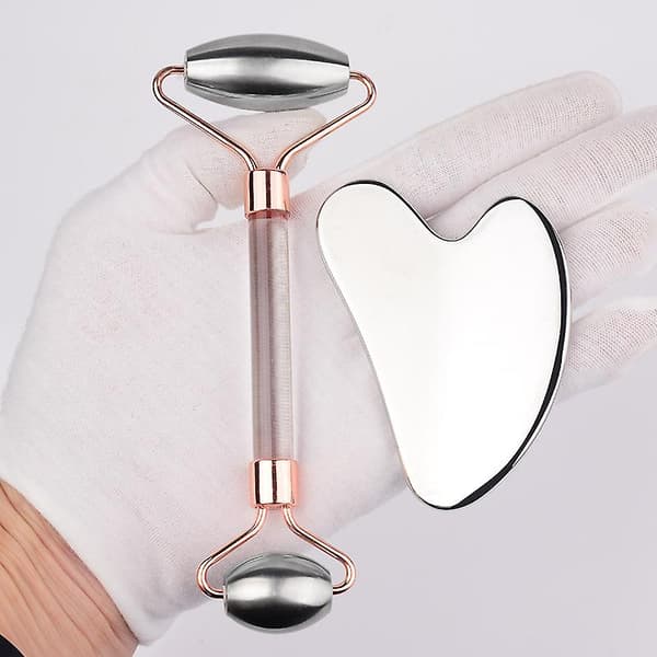 Gua Sha Massager Værktøjssæt Rustfrit Stål Ansigtskraber Øjenrulle Kropsmassager til Ansigts Hud C
