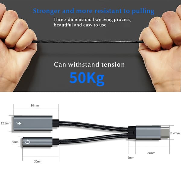 USB C til 3,5 mm hodetelefon- og laderadapter 2 i 1 lyd-dongle