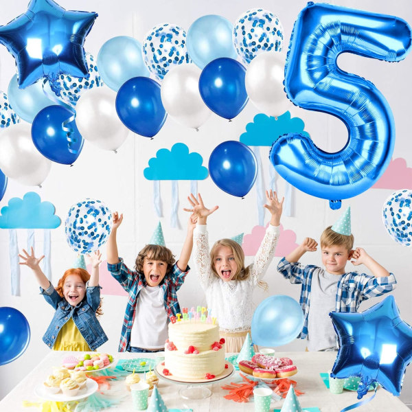 Blå 5:e födelsedag ballonger, 5 år gammal pojke barn födelsedag dekoration