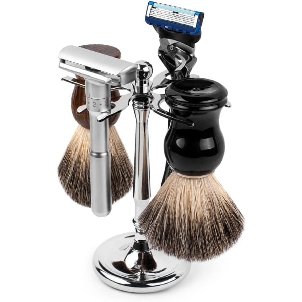 Deluxe 4-pinners krom barberhøvel og børstestativ, forlenger levetiden til barberkosten din