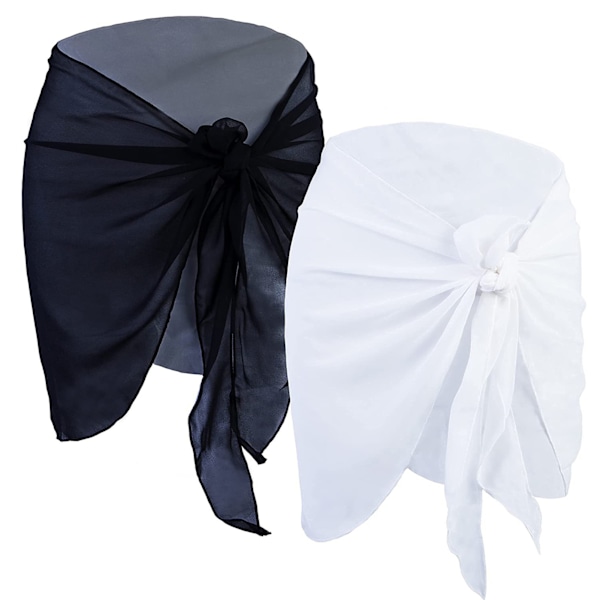 2-delt strandskjørt, kort sarong i chiffon, blød solbeskyttelse, sommerbikiniwrap til kvinder, sort + hvid