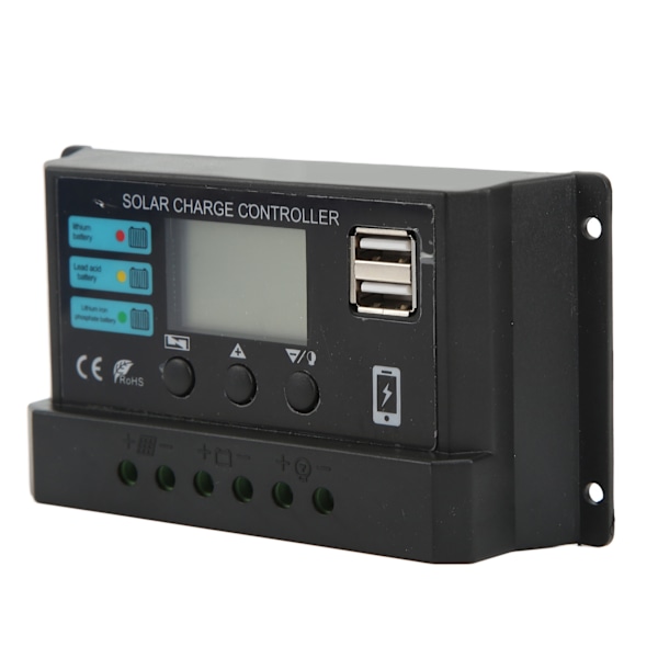 LCD Solpanel Opladningsregulator, 10A Fotovoltaisk Regulator til 12V/24V Systemer, Automatisk Justering, Sort Design