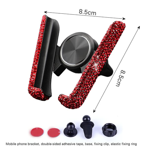 Biltelefonholder til bilens luftventil, snap-on telefonholder med diamanter Red