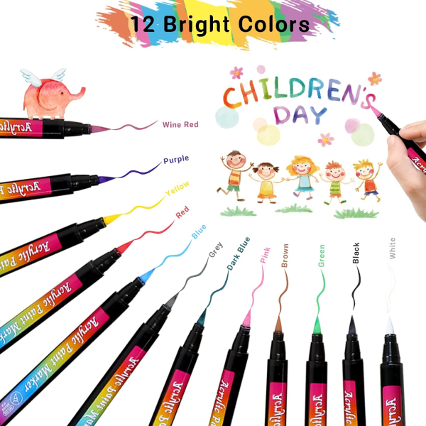 12 farver akrylmaling tuschpen, permanent akryl maling pen til stenmaling, småsten, DIY fotoalbum, skov, bryllup (1-6 mm spids), 14 cm