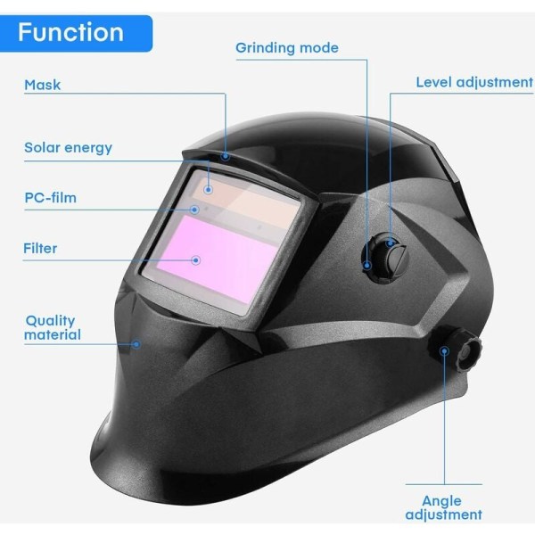 Automatisk svejsehjelm, svejsemaske, stort synsfelt: 96 x 48 mm, justerbart skærmområde DIN 9-13, med 2 sensorer og 5 linser, til TIG/MIG/Ar