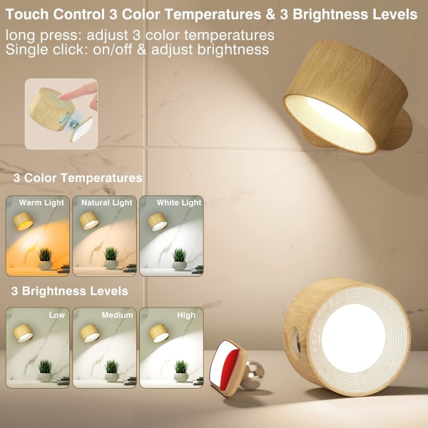 LED-seinävalaisin, seinään kiinnitettävä lamppu ladattavalla paristolla toimivalla USB portilla 3 värilämpötila ja 3 kirkkaustaso 360° pyörivä magneettipallo, johto