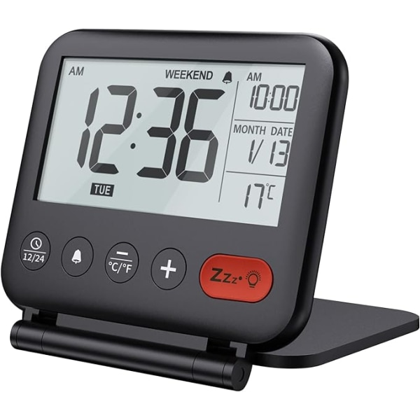 (Svart)Resaväckarklocka Mini Bärbar LCD Digital klocka med bakgrundsbelyst kalender 12/24H Temperatur Sminkspegel Liten hopfällbar batteridriven skrivbordto