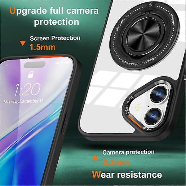 Compatible with iPhone 16 Case Magnetic Ring Holder Support PC+TPU Phone Cover Black