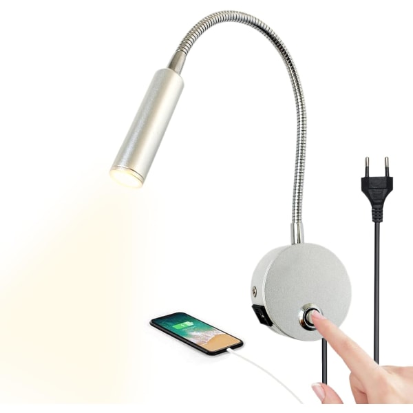 Dimbar Touch Väggläslampa LED-sänggavel Läslampa med USB port och strömbrytare, flexibel svanhalslampa med kontakt, 3W väggmonterad sänglampa
