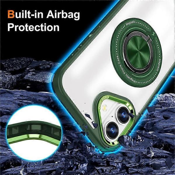 Compatible with iPhone 16 Case Magnetic Ring Holder Support PC+TPU Phone Cover DarkGreen