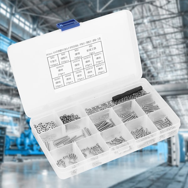 662 stk. M2 skrue sæt 304 rustfrit stål pan hoved kryds maskine skrue + flad fjeder skive + møtrik