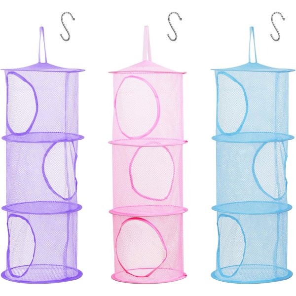 3 kpl Lasten säilytysverkko (vaaleanpunainen, violetti, sininen-75*27 cm), taitettava mesh , riippuva leluvarasto S-koukulla pehmoleluille Pienet vaatteet Alusvaatteet Sukat