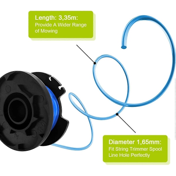 Trimmertråd för Ryobi Trimmer One+ 18V, 24V och 40V, 6 Trimmerspolar, Längd 3,35m, Diameter 1,65mm med 2 Bricklock