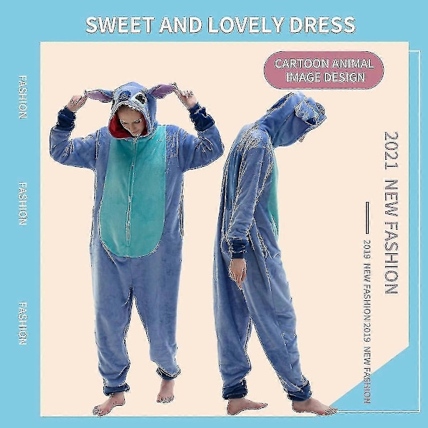 Snug Fit Unisex Vuxen Onesie Pyjamas, Flanell Cosplay Djur En-Delad Halloween Kostym Nattkläder Hemkläder.V7 BlueStitch XL