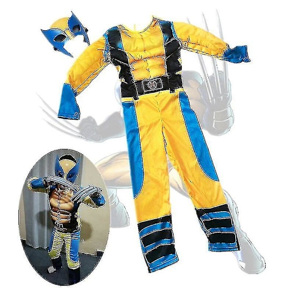 Wolverine-dräkt för barn, superhjältedräkt för pojkar, halloween-cosplaymask/vargklo-rekvisita 2Pcs Set M(120-130CM)