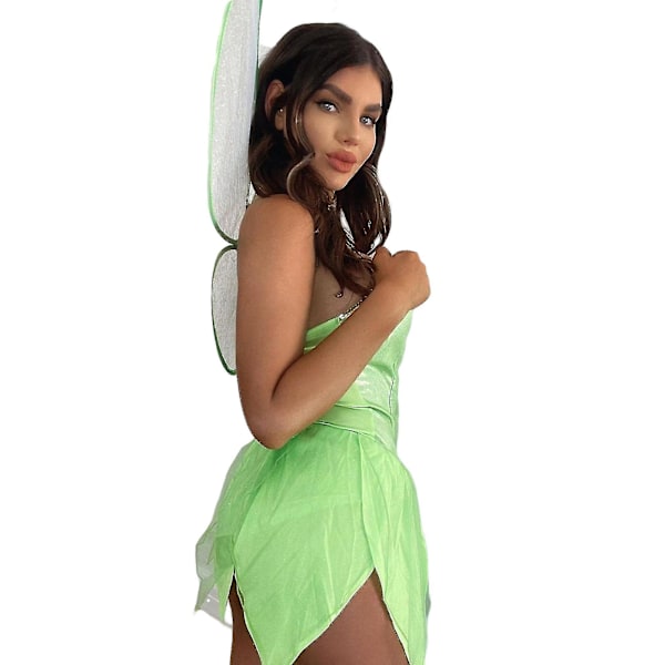 Kvinnors älvor Tinker Bell-kostymklänning Grön älvor Cosplay-klänning med gröna vingar Green S