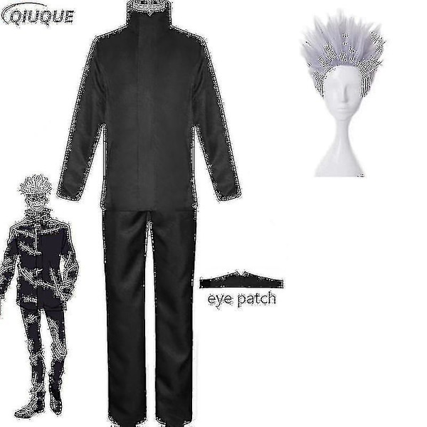 2023-anime Jujutsu Kaisen Gojo Satoru Cosplay Kostym Toppar Byxor Ögonlapp Halloween Fest Herr Uniform Peruker-r Black Package 5 M