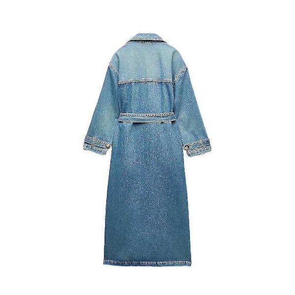 Vårförsommar Dam Lösa Långa Denim Trenchcoat Med Bälte Streetwear Kvinnlig Retro Krage Dubbelknäppt Överrock Jackor & Kappor-huan Retro Blue S