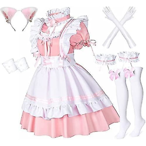 Catchcostume Lolita Maid Anime Fransk Söt Maid Cosplay Kostym Klänning Flickor Servitris Maid Fest Scen Katt Öra Handskar Strumpor 8 Delar Set Pink Small