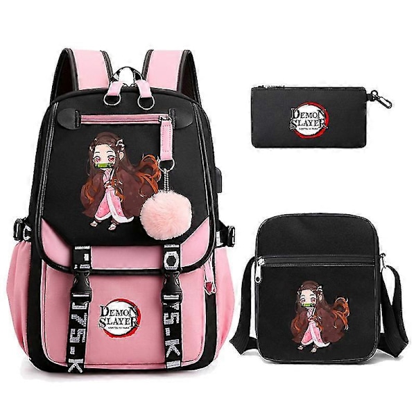 3 st Kamado Nezuko Demon Slayer Ryggsäckar Set för Flickor Anime Skolväska Tonåring Student Canvas Laptop Ryggsäck Kvinnor Ryggsäck 4970742