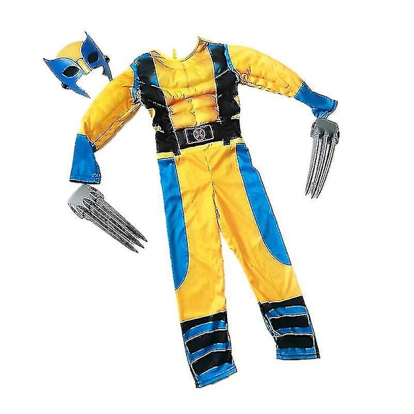 Wolverine-dräkt för barn, superhjältedräkt, overall, halloween-cosplaymask/vargklo-rekvisita, fantasy 2Pcs Set L(130-140CM)