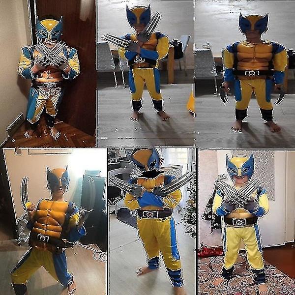 Wolverine-dräkt för barn, superhjältedräkt, barn, Halloween, cosplay, mask/vargklo-rekvisita, fantasy 3Pcs Set M(120-130CM)