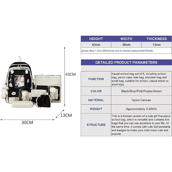 Kawaii Ryggsäck 5-delad Set Skolväska 17in Söt Bokväska Med Badge & Hänge black