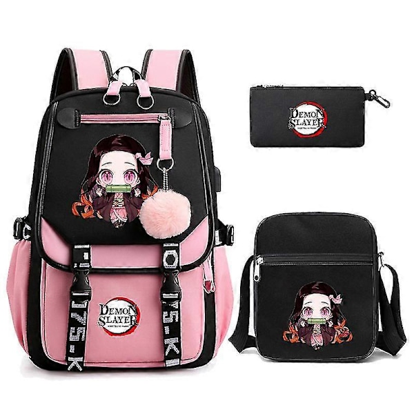 3 st Kamado Nezuko Demon Slayer Ryggsäckar Set för Flickor Anime Skolväska Tonåring Student Canvas Laptop Ryggsäck Kvinnor Ryggsäck 4960740