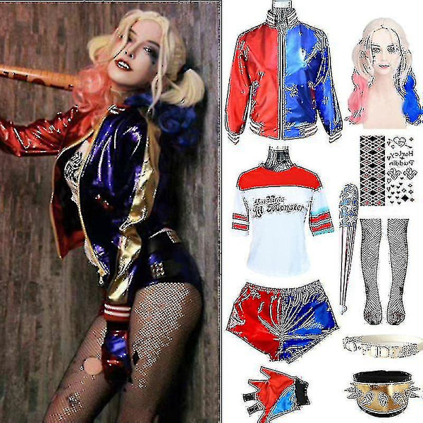 Vuxen Harley Quinn Halloween T-shirt, Armbågsband, Jacka, Bälte med Peruk Nyårsfestkläder 6pcs set M